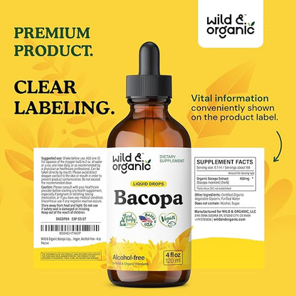 Wild & Organic Bacopa Liquid Drops - Herbal Tincture for Brain Support - Vegan Supplements with Bacopa Monnieri Extract Liquid - 5-Month Supply - Sugar & Alcohol-Free - 4 fl oz