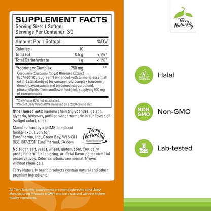 Terry Naturally CuraMed 750mg - Antioxidant Supplement for Brain & Heart Health Support - Dietary Supplement with High-Potency Curcumin Complex - Kidney, Liver & Immune Health Support - 30 Softgels