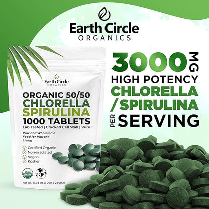 Premium Organic CHLORELLA /SPIRULINA 1000 Tablets (50/50) Kosher, Vegan - Green Algae Superfood, Cracked Cell Wall, Chlorophyll, High in Protein & Iron, no additives, or fillers 8.75 Oz (3 Pack)