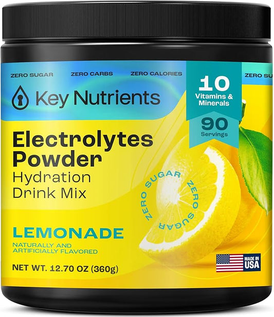 KEY NUTRIENTS Multivitamin Electrolytes Powder No Sugar - Refreshing Lemonade Electrolyte Powder - Sodium & Energy Supplement - Hydration Powder - No Calories - 90 Servings - Made in USA