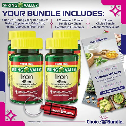 Spring Valley Iron Tablets Dietary Supplement Value Size 65 mg 200 CT 4 Pk Choice Bundle (800 Total) + Vitamin Vitality Guide & Pill Container (6 Items)!