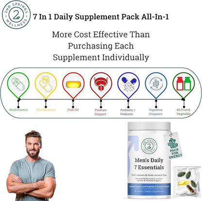 Daily 7 Essentials Men's Vitamin Pack - 7 Pack Adult Male Multivitamin & Multimineral Pack for Energy, Metabolism, Immune System Support, Prostate Support with Probiotic, Digestive Enzymes