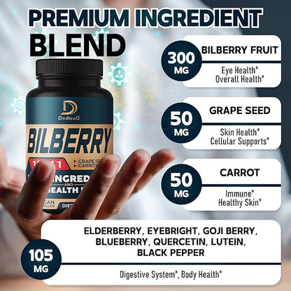 10in1 Bilberry Extract for Eyes Supplement for 3 Months - Equivalent 9260mg with Grape Seed, Carrot, Elderberry, Eyebright, Quercetin & More Herbs - Non-GMO, Gluten Free - 90 Vegan Capsules