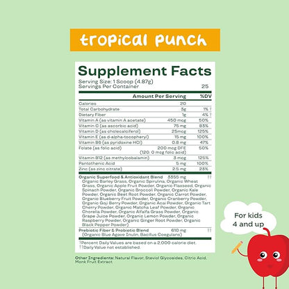 Bloom Nutrition Superfood Greens Powder for Kids, Digestive Enzymes, Probiotics, Prebiotics, Gut Health, Chlorella, Green Juice Mix w/Beet Root Powder (25 Servings (Pack of 1), Tropical Punch)