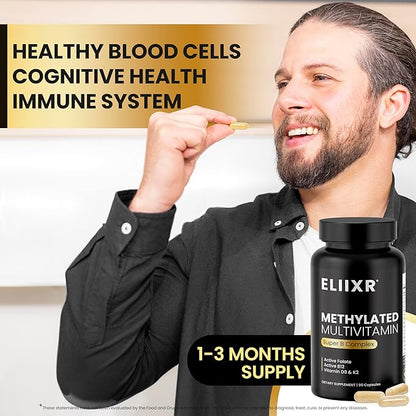 Eliixr Methylated Multivitamin Supplement for Men and Women with Active Methyl B12 and 5-MTHF Methylfolate 90 Vegetable Capsules Iron Free Made in The USA