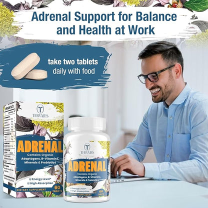 Adrenal Support Adaptogens Herbs Supplements - Cortisol Supplement with Rhodiola Rosea, Ashwagandha, Holy Basil and Eleuthero-Mood and Energy Support for Women & Men-Non-GMO, 120 Vegan Tablets