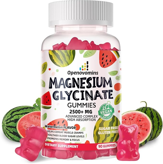 Magnesium Glycinate Gummies 2500mg - Sugar Free Magnesium Potassium Supplement with Vitamin D, B6, CoQ10 for Calm Mood & Sleep Support - 90 Watermelon Gummies