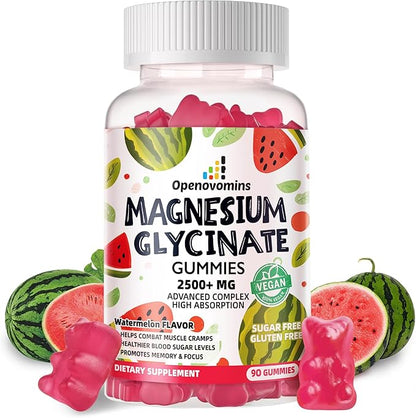 Magnesium Glycinate Gummies 2500mg - Sugar Free Magnesium Potassium Supplement with Vitamin D, B6, CoQ10 for Calm Mood & Sleep Support - 90 Watermelon Gummies