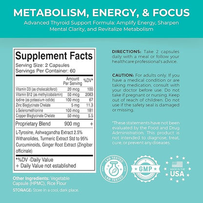 Advanced Thyroid Support, 2 Month Supply – Supports Energy, Focus & Hormone Balance – with Iodine, Selenium, Ashwagandha & L-Tyrosine (Vegetarian, Non-GMO)