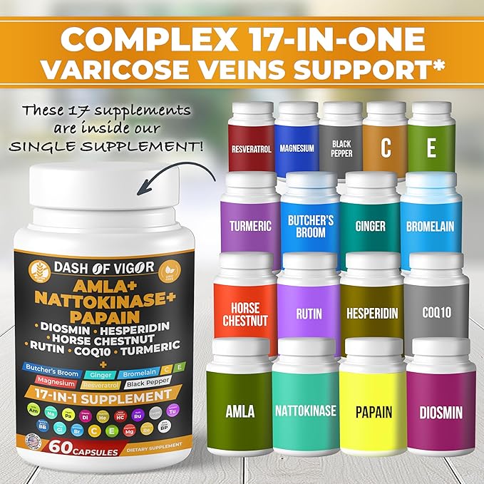 Dash of Vigor 17-in-1 Amla Extract, Papain Supplement, Nattokinase Diosmin Hesperidin Supplement, CoQ10 with Turmeric Extract, Horse Chestnut Extract, Vitamin C and Rutin, USA, 60 Capsules