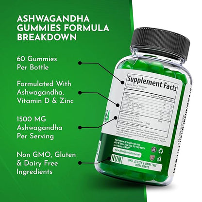 Atlantis Nutrition Ashwagandha Gummies - 1500 MG Per Serving - Promotes Calmness, Improves Mood, Boosts Energy Levels & Strengthens Immune System - Formulated with Vitamin D & Zinc - Vegan | 60 Count