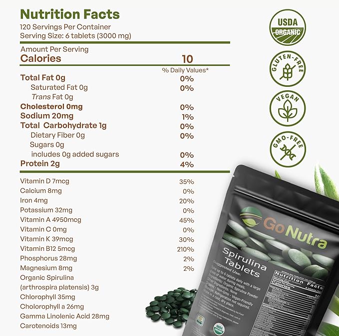 Go Nutra - Spirulina Tablets, Organic Spirulina, Packed with Vitamins, Minerals, Fibers, Amino Acids, and More, All-Natural Spirulina Supplement, Non-GMO, Vegan, 500 mg, 720 Tablets