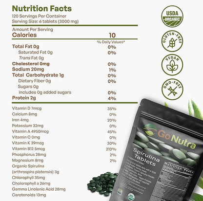 Go Nutra - Spirulina Tablets, Organic Spirulina, Packed with Vitamins, Minerals, Fibers, Amino Acids, and More, All-Natural Spirulina Supplement, Non-GMO, Vegan, 500 mg, 720 Tablets
