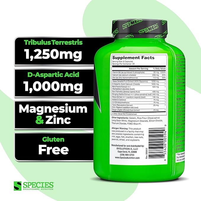 Species Nutrition Testolyze Natural Testosterone Booster, Made with 1250mg Tribulus, DIM, Indole 3 Carbinol, Saw Palmetto, T Booster, Supplement for Bodybuilding, Increased Libido 180 Caps