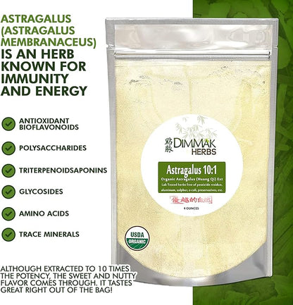 Organic Astragalus 10:1 Extract Powder | Huang Qi Concentrate Granules | Lab Tested, USDA Organic 4oz / 112g by Dimmak Herbs