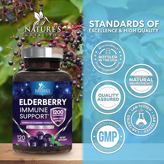 Elderberry Immune Support Extract Capsules - Daily Immune Support for Adults with Natural Sambucus Black Elderberry Antioxidant - No Sugar & Gluten Free Vitamin, Non-GMO Supplement - 120 Capsules