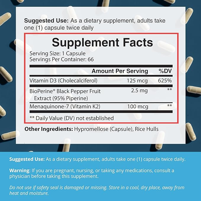 Dr. Boz - K2+D3 Capsules, 66 Servings - Vitamin D3 K2 Supplement with BioPerine - Bone & Heart Health - Enhanced Absorption - Quality Tested - Made in The USA - 5000iu (D3) - 400iu (K2) - Self Care