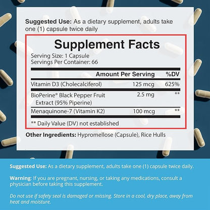 Dr. Boz - K2+D3 Capsules, 66 Servings - Vitamin D3 K2 Supplement with BioPerine - Bone & Heart Health - Enhanced Absorption - Quality Tested - Made in The USA - 5000iu (D3) - 400iu (K2) - Self Care