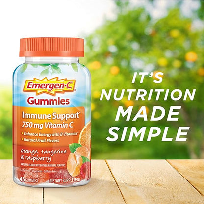 Emergen-C 750mg Vitamin C Gummies for Adults, Immunity Gummies with B Vitamins, Gluten Free, Orange, Tangerine and Raspberry Flavors, 45 Count (Pack of 1)