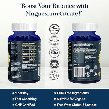 Biovitalia Magnesium Citrate Supplement for Sleep Heart Health Cognitive Health Bone Health Energy Muscles & Metabolism with Premium Magnesium - 60 Vegan 1000mg Capsules