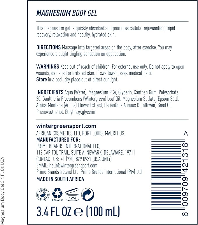 Magnesium Body Gel, Pure Magnesium, Oil, & Arnica Oil, 3.4 Fl Oz (100 ml)