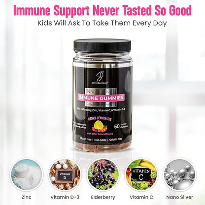 Immune Gummies - Sambucus Elderberry - Vitamin C & D - Zinc - Save Your Sick Days - Kids & Adults - Safe Ages 4 & Up - Nano Colloidal Silver - Gluten & Gelatin Free Non-GMO - Berry Lemonade - 60 Count