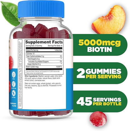 Lifeable Sugar Free Biotin Gummies | 5000mcg Vitamin B7 | Great Tasting Biotin Supplement | for Hair Growth, Skin and Nail Health | Hair Supplement for Women, Men, Adults | 90 Gummies