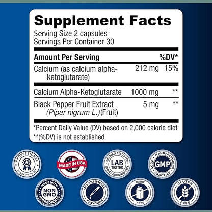 LongJuvity Calcium Alpha-Ketoglutarate AKG Supplement (1,000mg Per Serving) - Gut Heath, Bone Health, Anti Aging & Longevity - Independently Lab Tested (60 Enteric Coated Capsules)