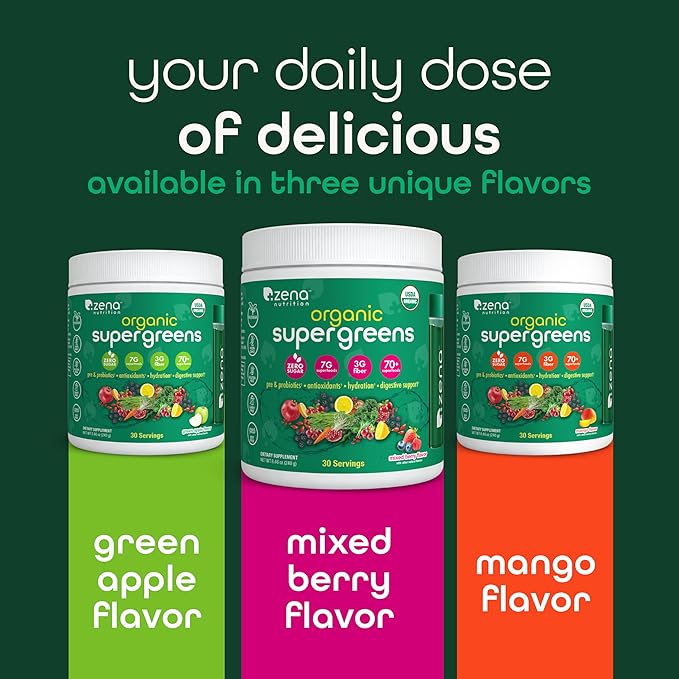 Organic Super Greens Powder, 70+ Superfoods, 0 Sugar, 3G Fiber, Spirulina, Chlorella, Antioxidants, Prebiotics/Probiotics, Digestive Enzymes, Mixed Berry, 30 Servings