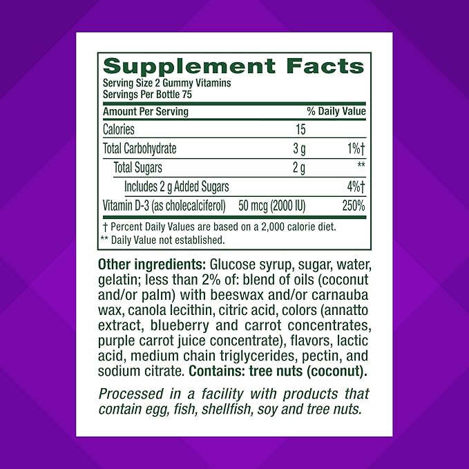 Vitafusion Vitamin D3 Gummy Vitamins for Bone and Immune System Support, Peach, Blackberry and Strawberry Flavored, 50 mcg Vitamin D, America’s Number 1 Gummy Vitamin Brand, 75 Day Supply, 150 Count