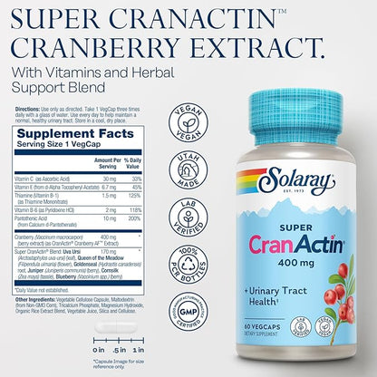 SOLARAY Super CranActin Cranberry Extract 400mg | Healthy Urinary Tract Support | with Added Vitamins | 60 VegCaps
