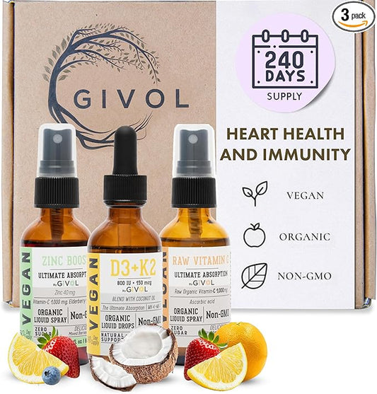 Immunity Support Pack - Raw Vitamin C, D3 & K2 Liquid, Zinc Picolinate - Premium Heart Health Vitamins w/Essential Minerals, Antioxidant Properties, & Cardiovascular Benefits - 180 Days Supply