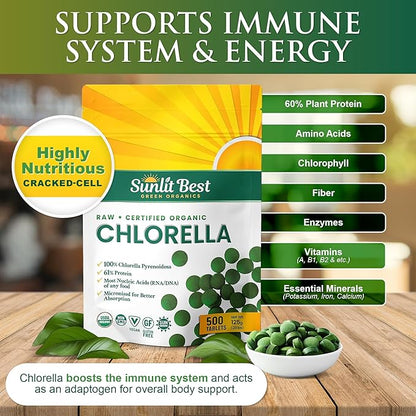 Sunlit Best USDA Organic Premium Chlorella Tablets 500 Tabs | 100% Pure Chlorella Superfood Supplement High in Protein, Chlorophyll, Vitamins, & Minerals | Supports Good Health, Wellbeing & Recovery