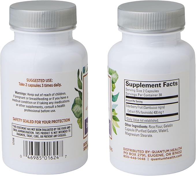 Quantum Health Black Elderberry Supplement Sambucus Nigra Extract 400mg Daily Immune Support & Wellness Boost of Powerful Antioxidants for Women & Men - 60 Capsules