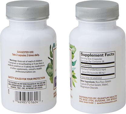 Quantum Health Black Elderberry Supplement Sambucus Nigra Extract 400mg Daily Immune Support & Wellness Boost of Powerful Antioxidants for Women & Men - 60 Capsules