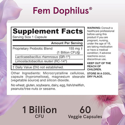 Jarrow Formulas Fem-Dophilus Probiotics 1 Billion CFU With 2 Clinically Effective Strains, Dietary Supplement for Vaginal Health and Urinary Tract Health, 60 Veggie Capsules, 60 Day Supply