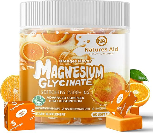 Magnesium Glycinate Soft Chews Supplement,Chewable Sugar Free Potassium Magnesium Chews with Magnesium Glycinate, Vitamin D, B6, and CoQ10 for Calm Support & Sleep for Adults,60 Days Supply-Orange