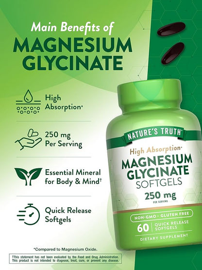 Nature's Truth Magnesium Glycinate 250mg | 60 Softgels | High Absorption | Non-GMO & Gluten Free Mineral Supplement