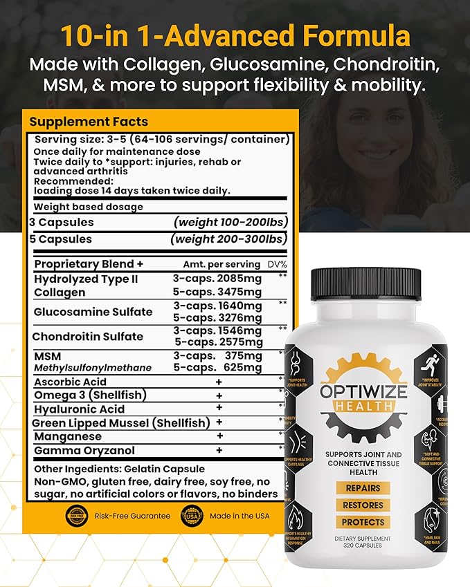 10-in-1 Joint Support– Hydrolyzed Collagen, MSM, Hyaluronic Acid, Glucosamine, Chondroitin & More – Targets Joint Discomfort, Improves Mobility & Flexibility– 320 Caps for Men & Women