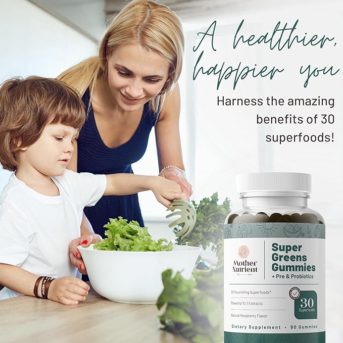 Super Greens Gummies for Women, Adults - with Prebiotics & Probiotics, Not 8, but 30 Powerful Greens Superfoods - Multivitamin Veggie Chewables (90 Gummies)