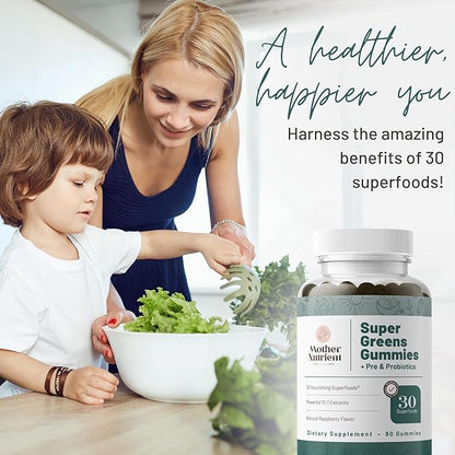 Super Greens Gummies for Women, Adults - with Prebiotics & Probiotics, Not 8, but 30 Powerful Greens Superfoods - Multivitamin Veggie Chewables (90 Gummies)