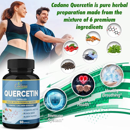 Organic Cadane 2 Packs Quercetin Supplements Capsules, 6in1 with Turmeric, Berberine, Stinging Nettle, Black Seed, Black Pepper - Supports Immune System - 4 Months Supply