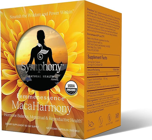 Femmenessence MacaHarmony – Scientifically Proven to Support Natural Hormone Balance for Women, Regular Menstrual Cycle, PMS, Acne, Mood, Fertility, 120 Natural Organic Maca Vegan Caps, 60-Day Supply