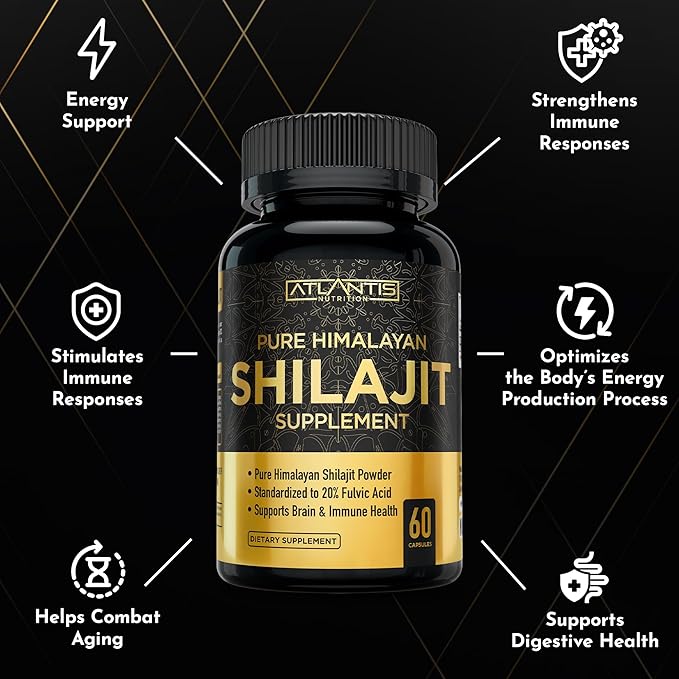 Atlantis Nutrition Himalayan Shilajit Capsules Formulated with 20% Fulvic Acid | 10:1 Extract Providing 10,000mg D.H.E. | USA Made | Himalayan Shilajit Supplement for Men & Women | 60 Capsules