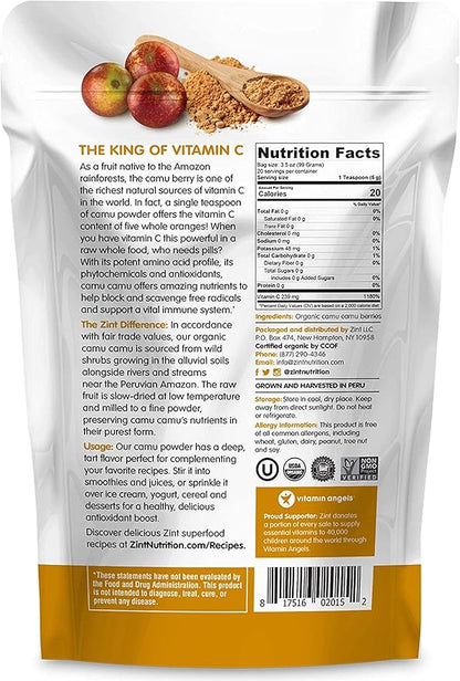 Zint Camu Camu Powder Organic | Superfood Powder | Organic Fruit Ingredient | Antioxidants Source Perfect for Smoothies, Juices, Ice Creams | Non-GMO, Gluten-Free, Kosher | 3.5 oz