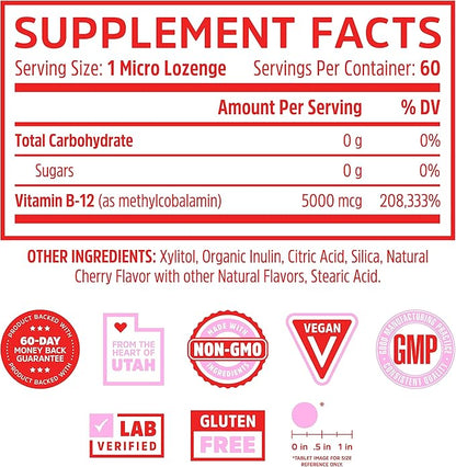 Zhou Methyl B12 - Methyl B-12 Supplement for Women & Men, Vitamin B12 5000 mcg, Vegan Friendly, Cellular Energy and Nerve Function Support, Methylcobalamin - 60 Micro Lozenges