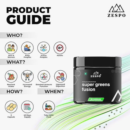 Super Greens Fusion – 1000mg Plant-Based Superfood Blend – Supports Daily Nutritional Balance & Digestive Wellness – Vegan Formula – 90 Capsules