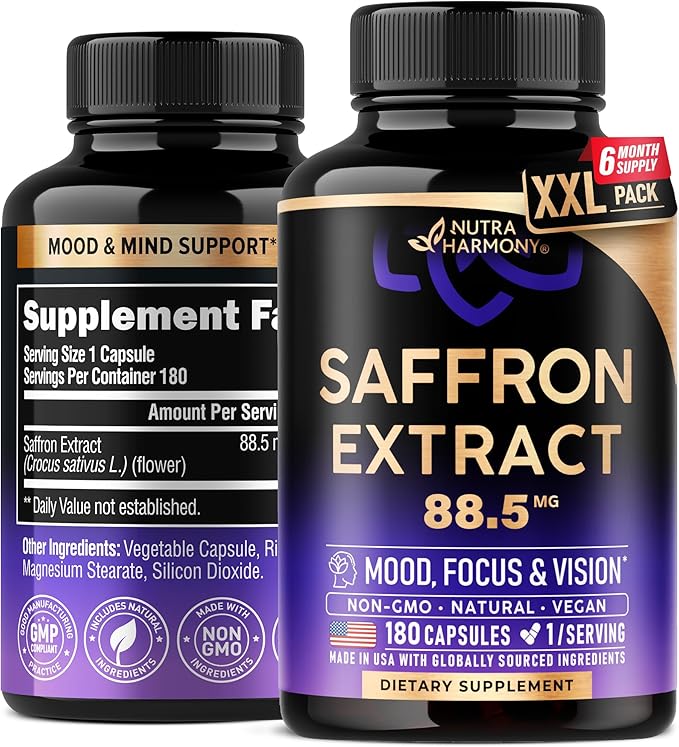 Natural Saffron Supplements - Pure Saffron Extract 88.5 mg - Made in USA - Mood | Focus | Vision | Energy Support - Eye Health for Women & Men - NonGMO Vegan Pills - 180 Powder Capsules