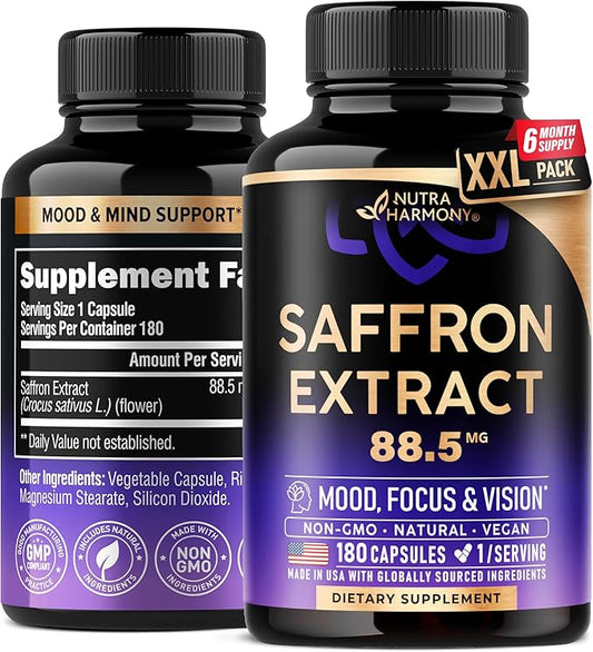 Natural Saffron Supplements - Pure Saffron Extract 88.5 mg - Made in USA - Mood | Focus | Vision | Energy Support - Eye Health for Women & Men - NonGMO Vegan Pills - 180 Powder Capsules