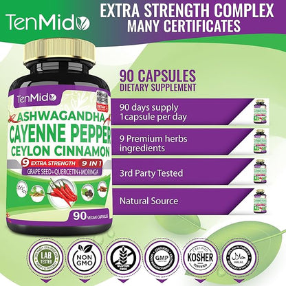 Cayenne Pepper Supplements Capsules, 3 Months Supply & Ashwagandha, Ceylon Cinnamon, Grape Seed, Quercetin, Moringa, Ginkgo Biloba - Heart Wellness, Promotes Digestive Health -90 Caps